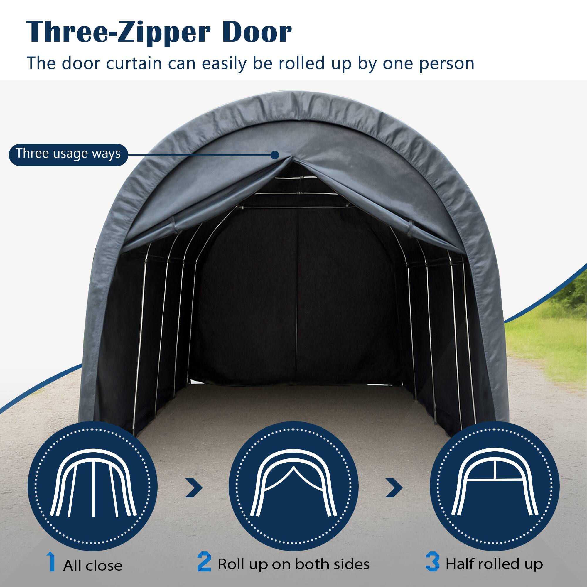 Three-Zipper Door  
The door curtain can easily be rolled up by one person  

Three usage ways  
1. All close  
2. Roll up on both sides  
3. Half rolled up