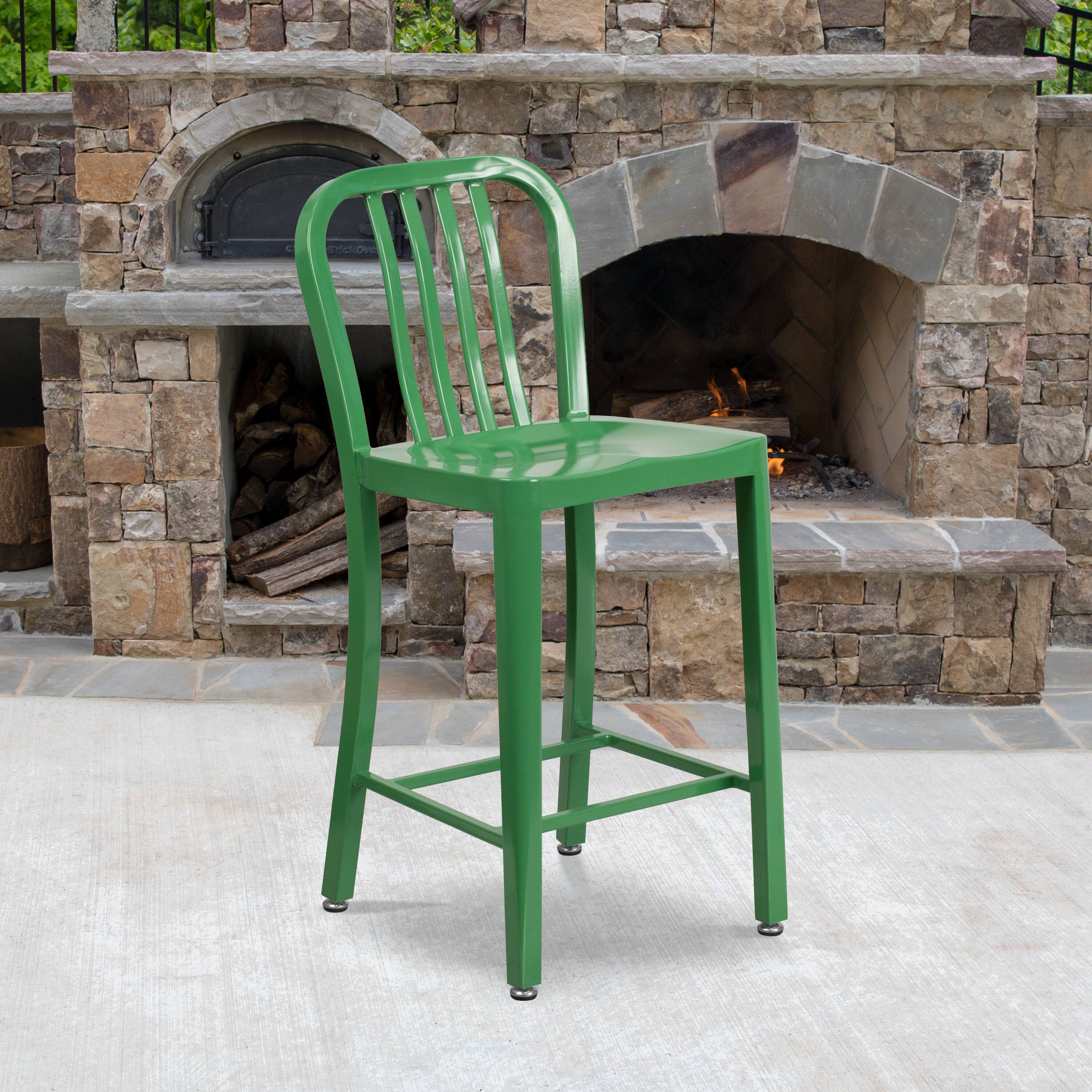 Alt View 1. Emma + Oliver - Commercial Grade 24"H Colorful Metal Indoor-Outdoor Vertical Slat Counter Stool - Green.