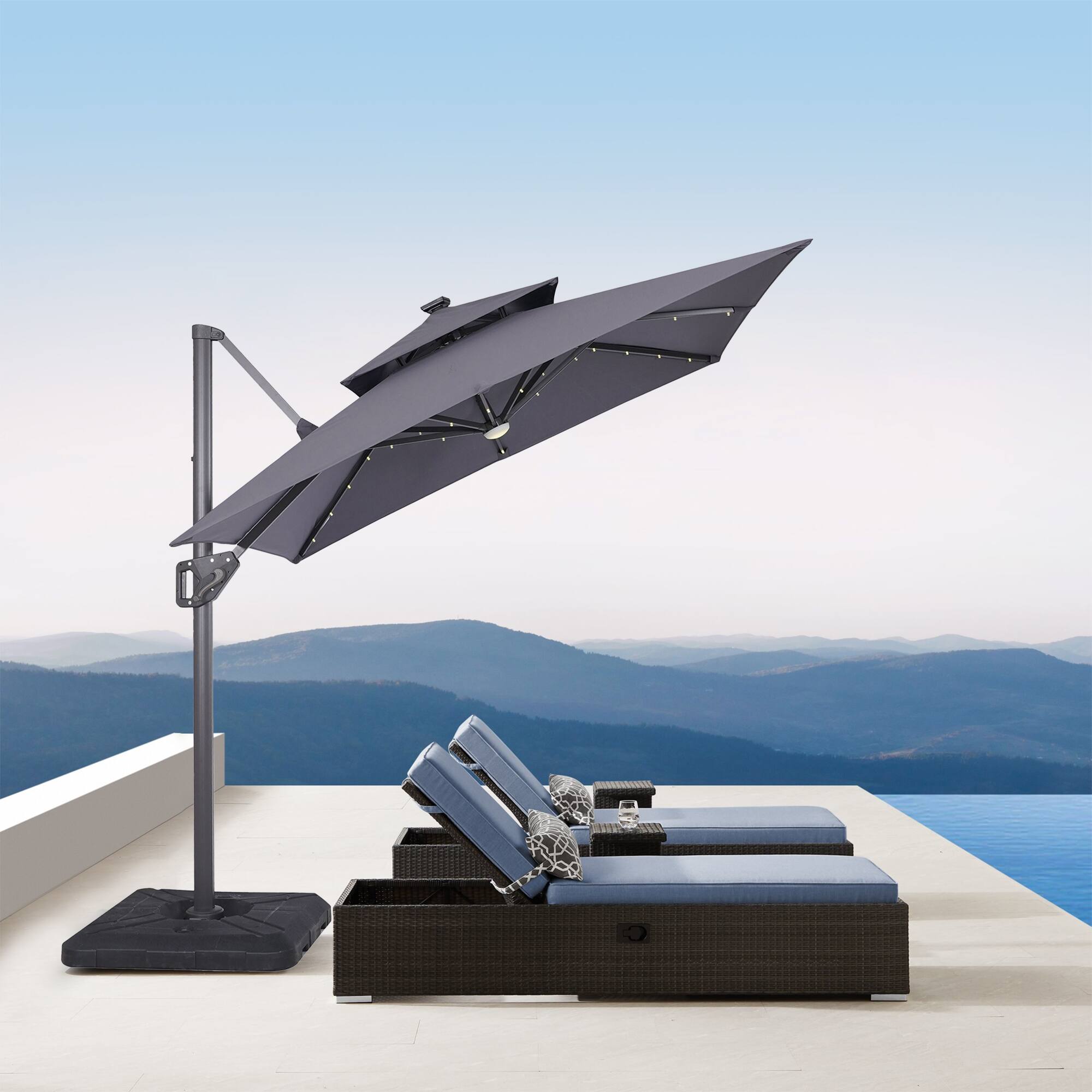 Angle. Vaczon - 8ft Patio Market Umbrella with Solar LED and Base with Crank for Pool Beach Deck Backyard Light - Gray.