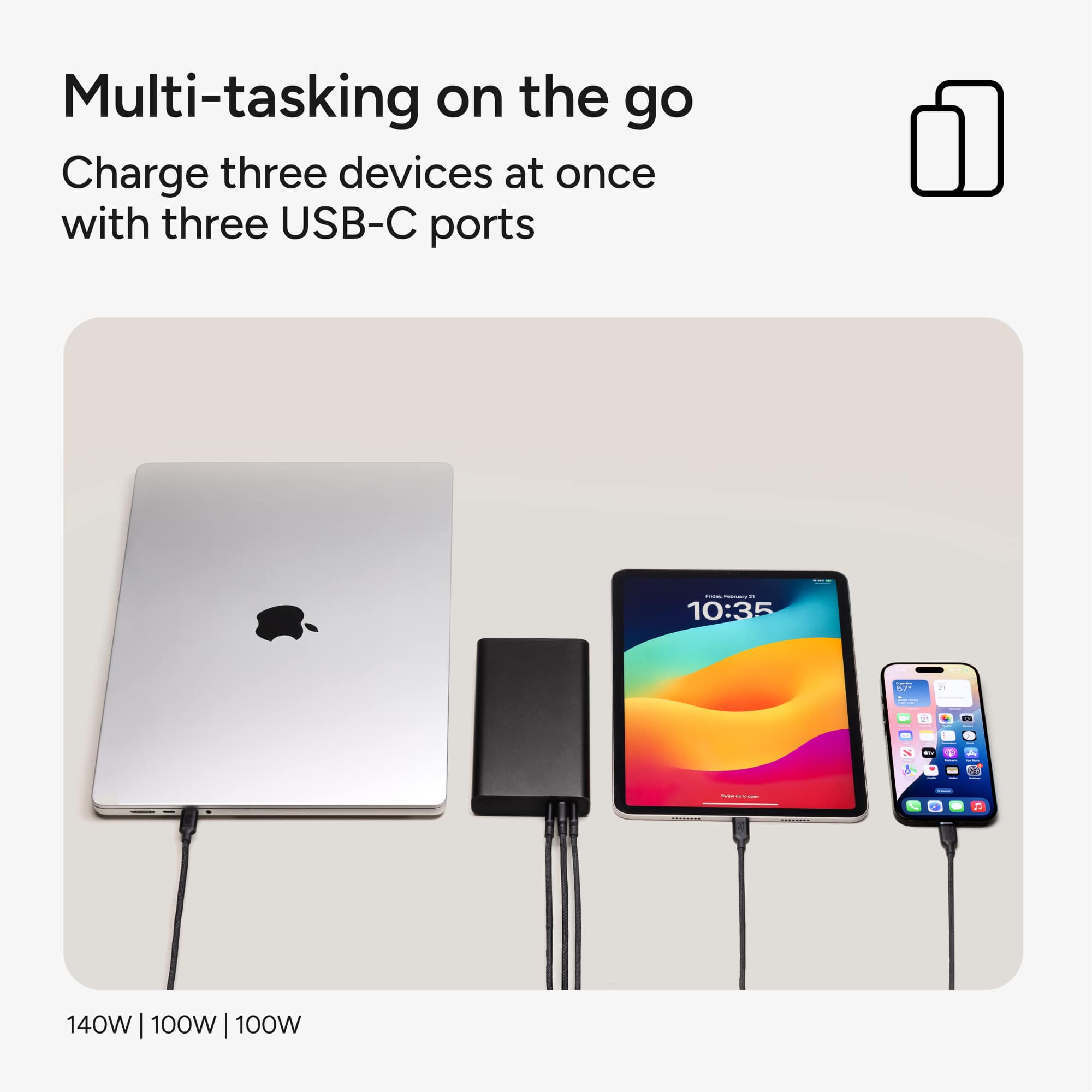 Multi-tasking on the go
Charge three devices at once with three USB-C ports
140W | 100W | 100W
