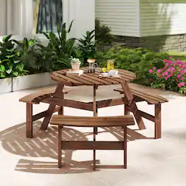 Costway - 6-Person Round Picnic Table Set with 3 Built-in Benches 2" Umbrella Hole - Brown