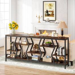 TinyHomie - 70.9 Inches Sofa Console Table with 4 Tier Wood Storage Shelves Industrial Extra Long Narrow Entryway Accent Tables - Rustic Brown