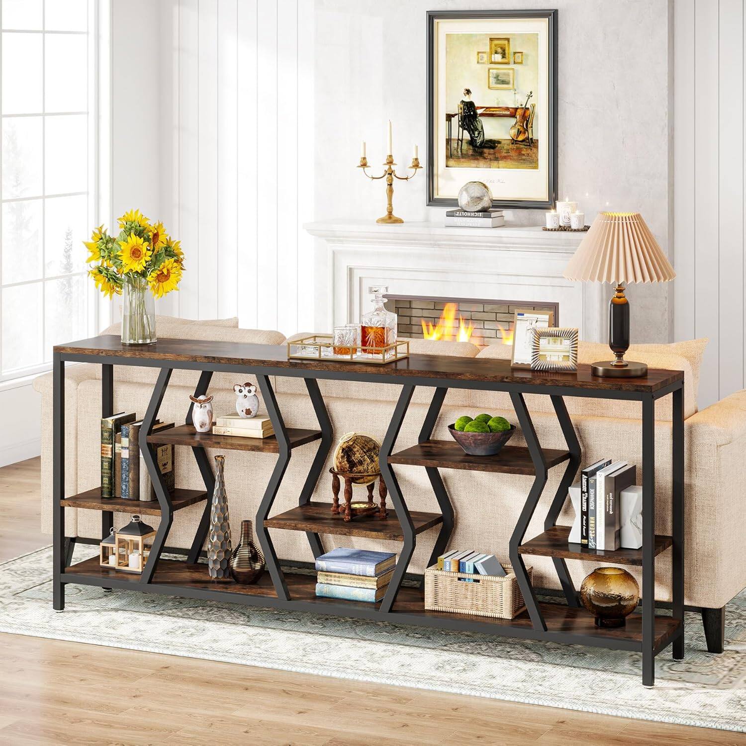 Front. TinyHomie - 70.9 Inches Sofa Console Table with 4 Tier Wood Storage Shelves Industrial Extra Long Narrow Entryway Accent Tables - Rustic Brown.