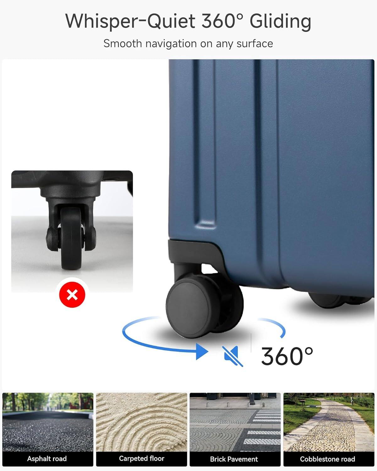 Whisper-Quiet 360° Gliding  
Smooth navigation on any surface  

- Asphalt road  
- Carpeted floor  
- Brick Pavement  
- Cobblestone road