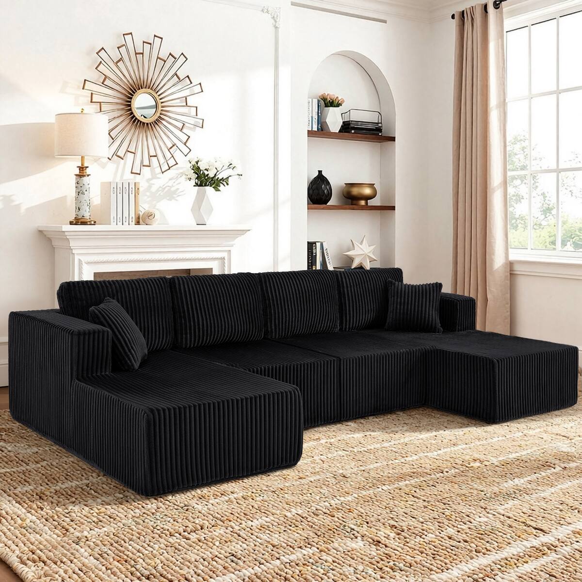 Front. Ropilly - Ropilly U Shaped Modular Sectional Sofa, Modern Minimalist Sectional Couch, Black Foam Upholstery for Living Room - Black.