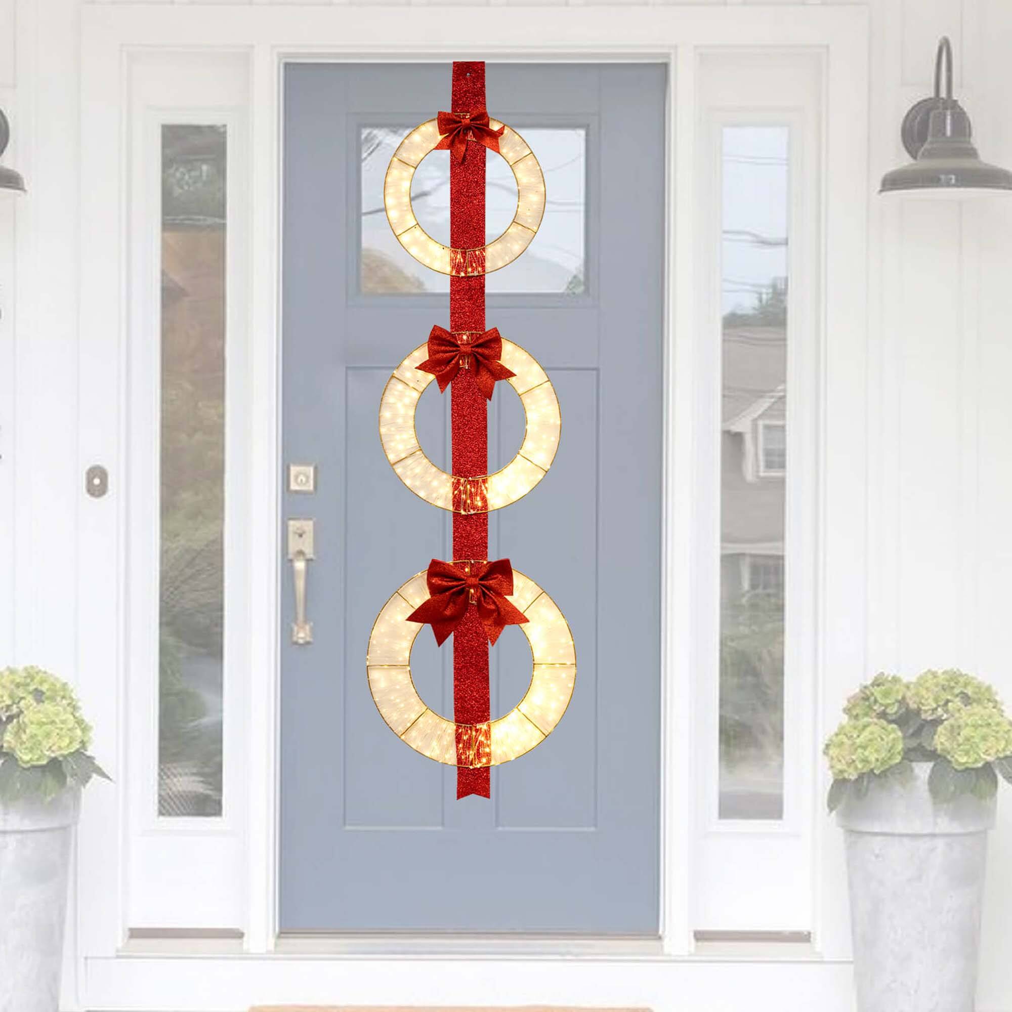 Alt View 1. Costway - Costway Set of 3 Pre-Lit Wreaths with 450 LED Lights Bows & Hanging Hook for Doors - Red.