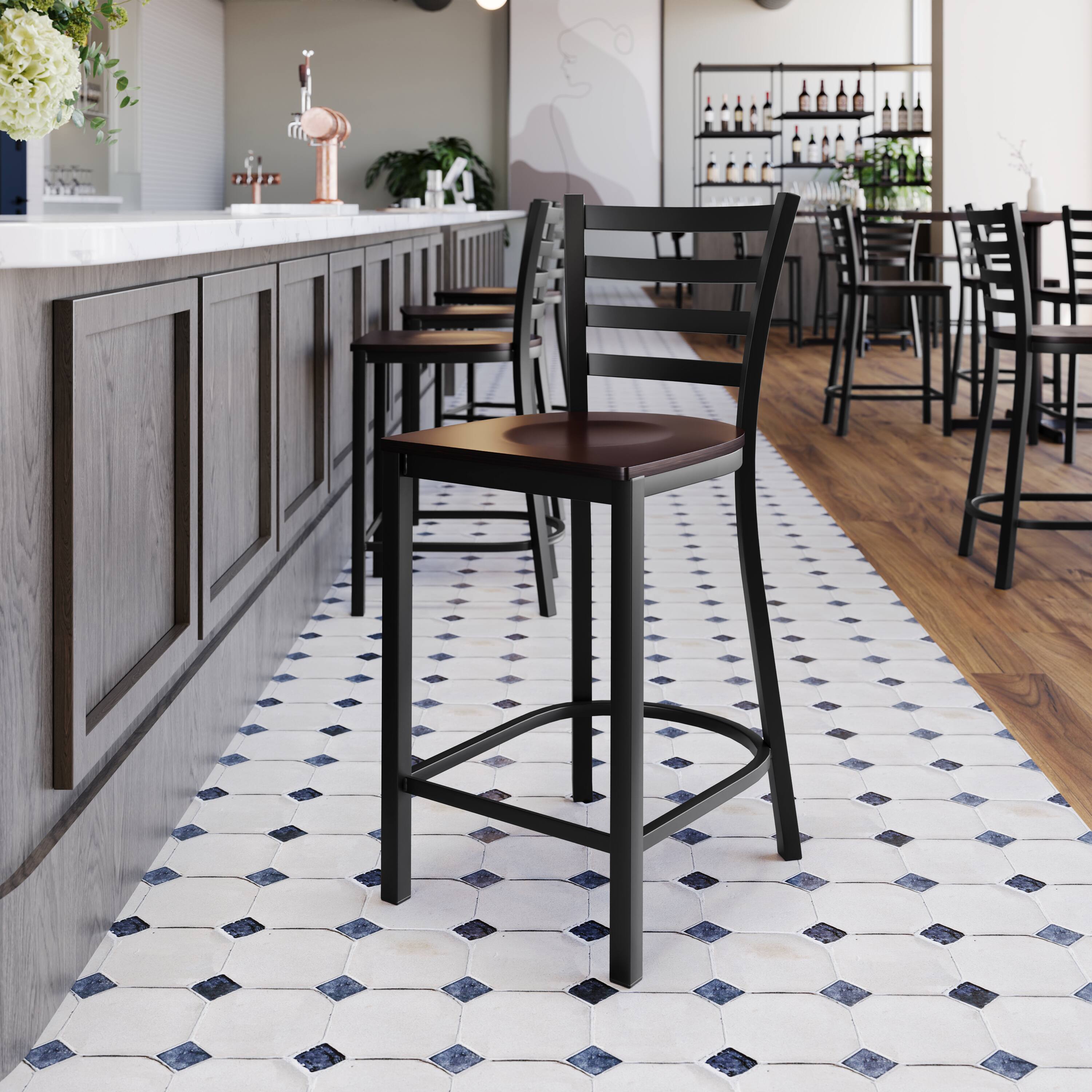 Alt View 4. Emma + Oliver - Ladder Back Metal Restaurant Counter Stool - Upholstered Seat - Walnut Wood Seat/Black Metal Frame.