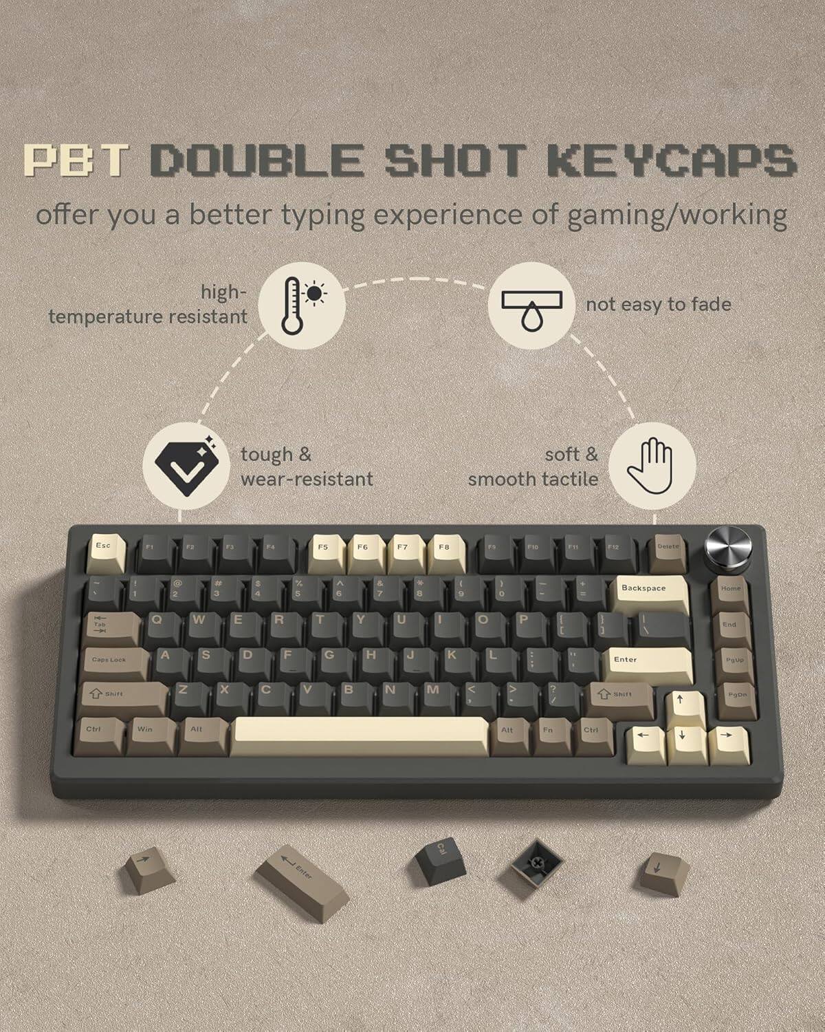 PBT DOUBLE SHOT KEYCAPS offer you a better typing experience of gaming/working. They are high-temperature resistant, not easy to fade, tough & wear-resistant, and have a soft & smooth tactile feel.