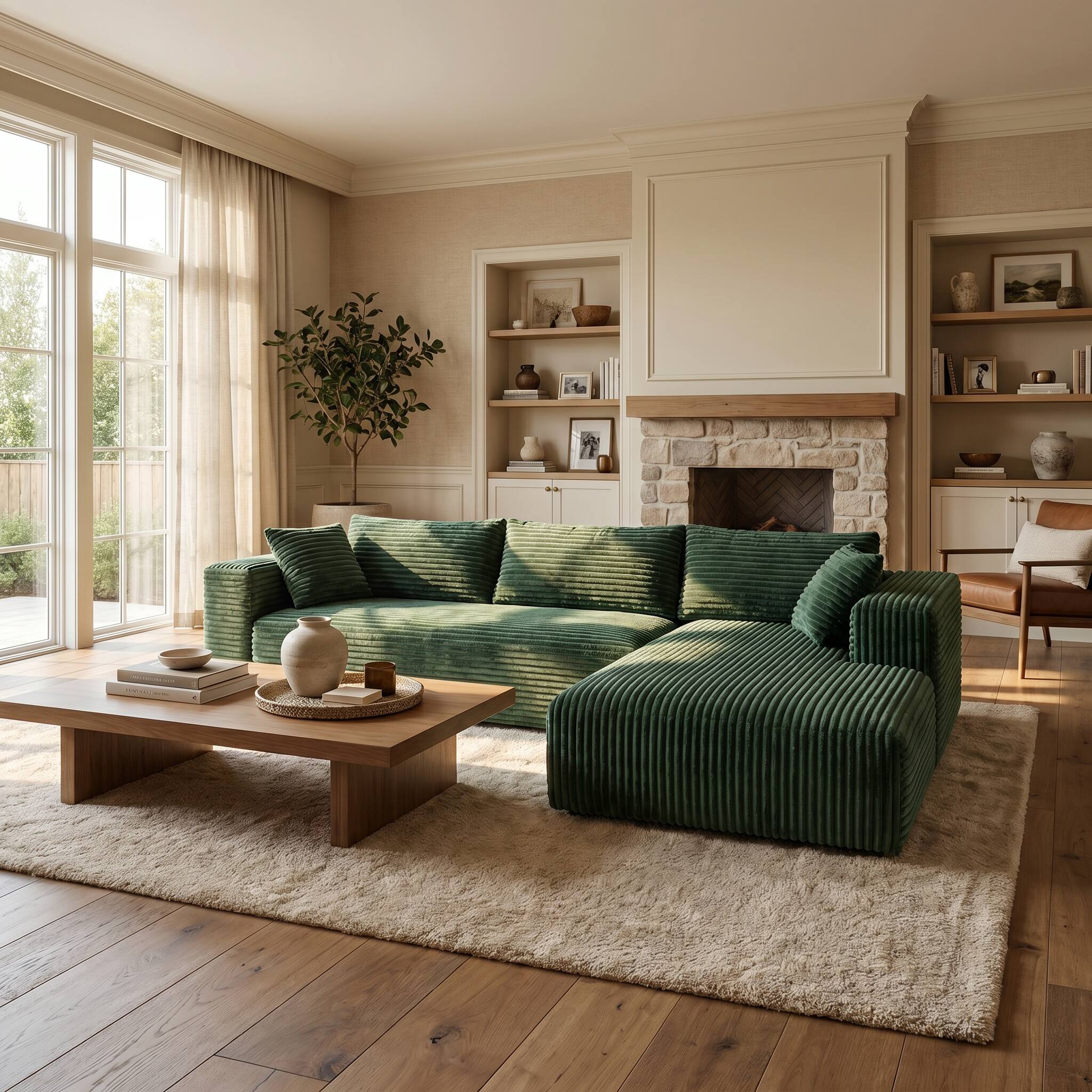 Angle. FUFU & GAGA - Modular Corduroy L-Shaped Sectional Sofa with Chaise, High-Density Rebound Sponge Cushions Tool-Free Assembly - Dark Green.