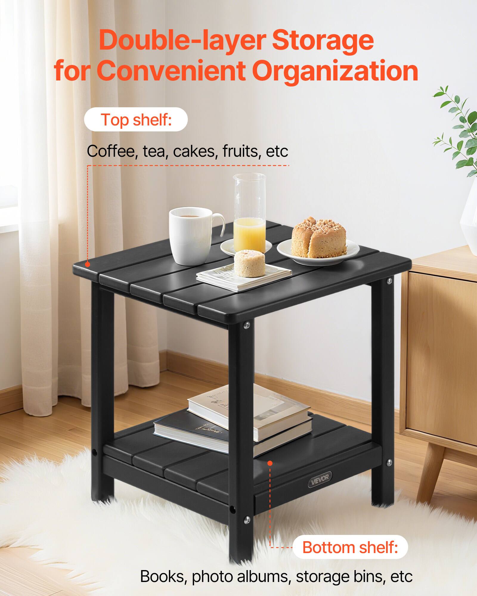 Double-layer Storage for Convenient Organization

Top shelf:
Coffee, tea, cakes, fruits, etc

Bottom shelf:
Books, photo albums, storage bins, etc