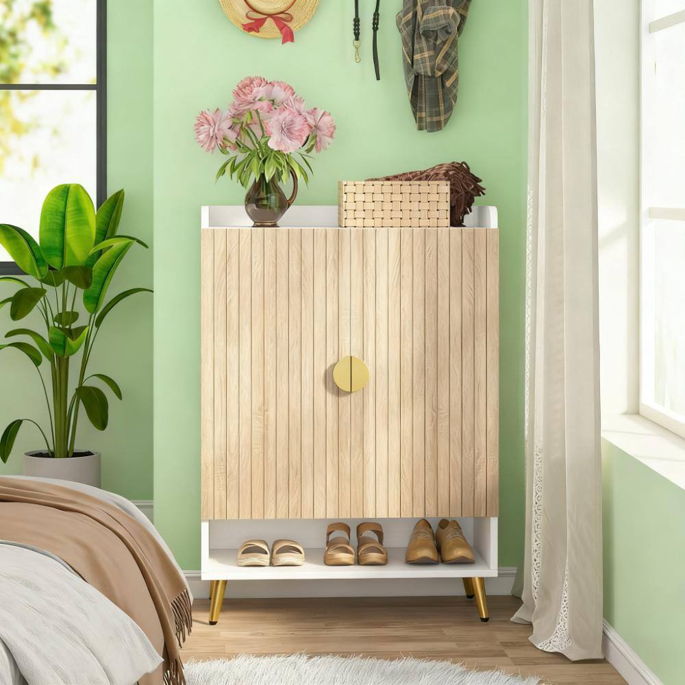Angle. TinyHomie - 7-Tier Shoe Storage Cabinet Wooden Shoe Cabinet - Natural and Gold.