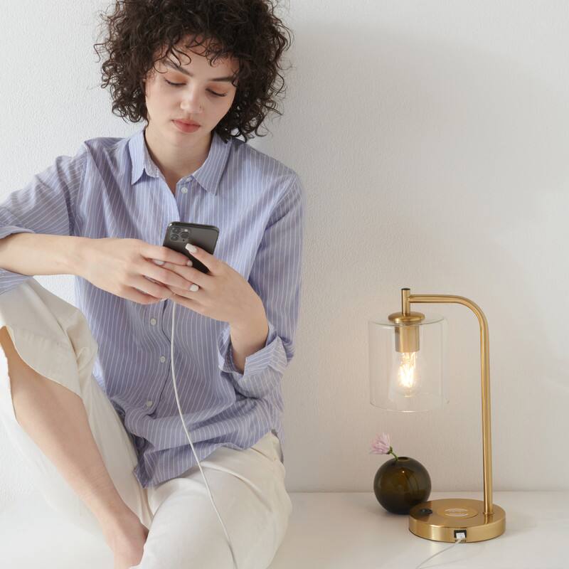 Alt View 5. Brightech - Elizabeth LED Modern Industrial Arc Bedside Nightstand Desk Lamp with USB and Wireless Charging Ports - Antiqued Brass.