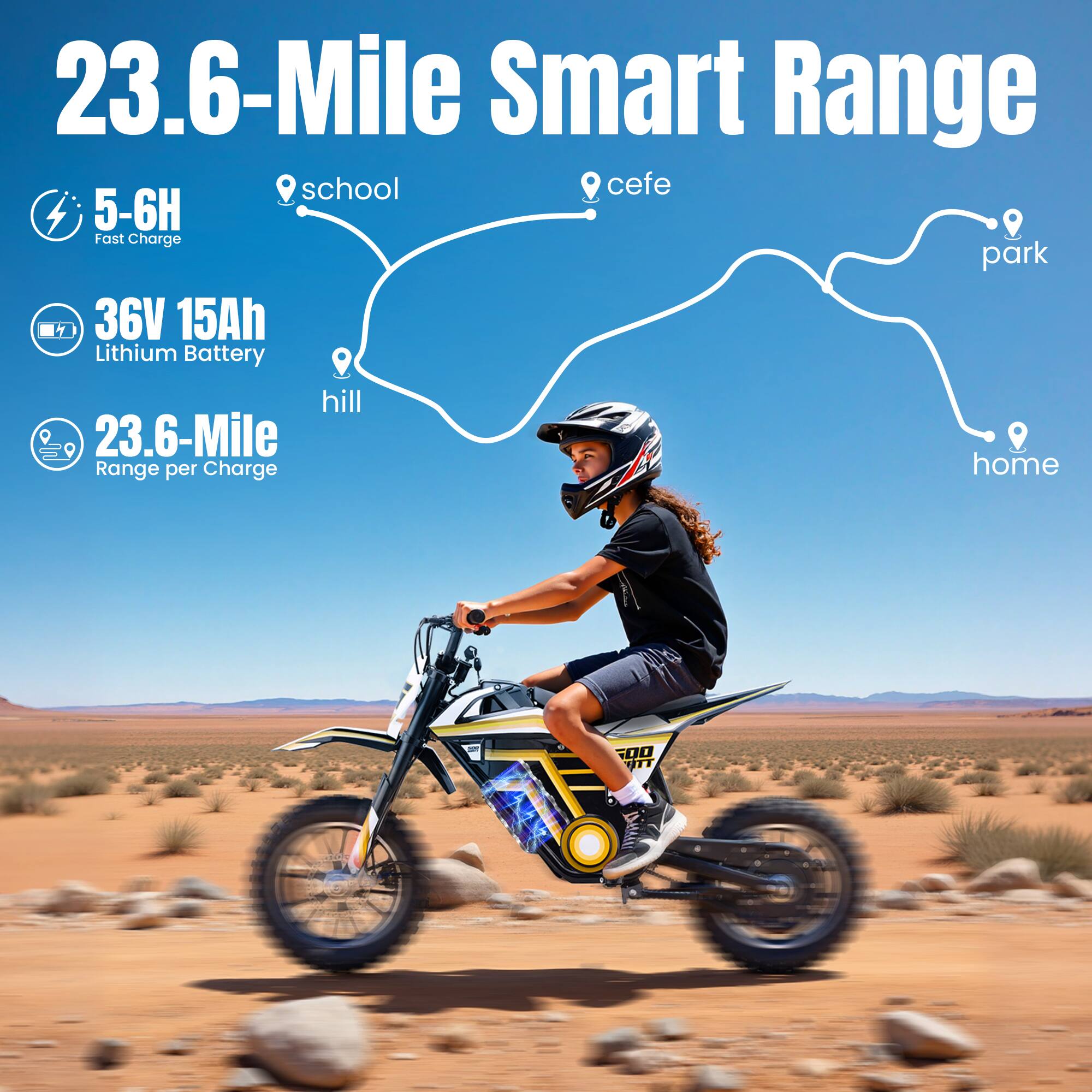 23.6-Mile Smart Range

5-6H Fast Charge

36V 15Ah Lithium Battery

23.6-Mile Range per Charge

school
cefe
park
hill
home