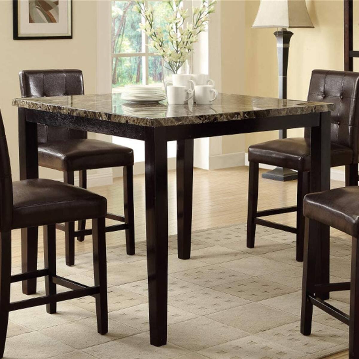 Front. Loheer - Loheer Faux Marble Dining Table, Square Counter Height Table for Modern Kitchens, Brown - Brown.