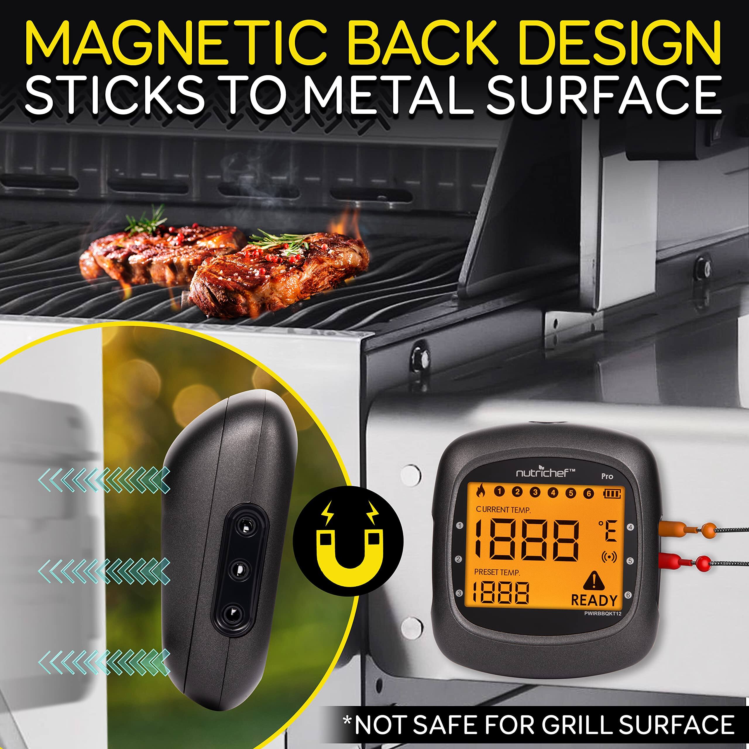 MAGNETIC BACK DESIGN  
STICKS TO METAL SURFACE  

Pro A 1 2 3 4 5 4  
CURRENT TEMP. 1888  
PRESET TEMP 1888  
READY  

*NOT SAFE FOR GRILL SURFACE