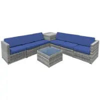 Costway 8 PCS Wicker Sofa Rattan Furniture Set Patio Furniture w/ Storage Table - Navy - Front_Zoom