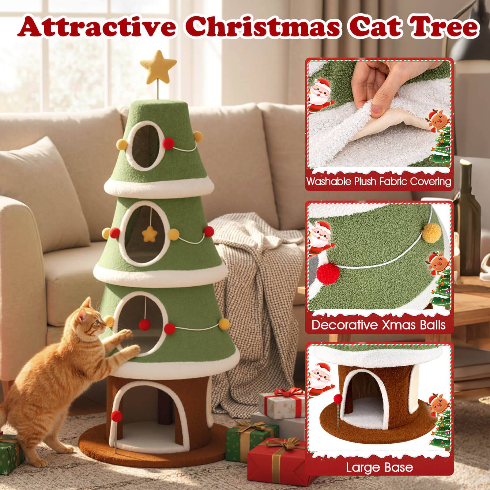 Attractive Christmas Cat Tree  
Washable Plush Fabric Covering  
Decorative Xmas Balls  
Large Base