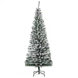 PULUZ - 6ft Flocked Christmas Tree, Pencil Artificial Xmas Tree with Faux Snow, Dense Branches, Foldable Metal Base for Indoor H - Green