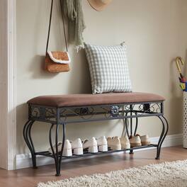 Whisen - Upholstered Shoe Storage Bench with Open Shelf for Entryway and Hallway-Antique - Brown