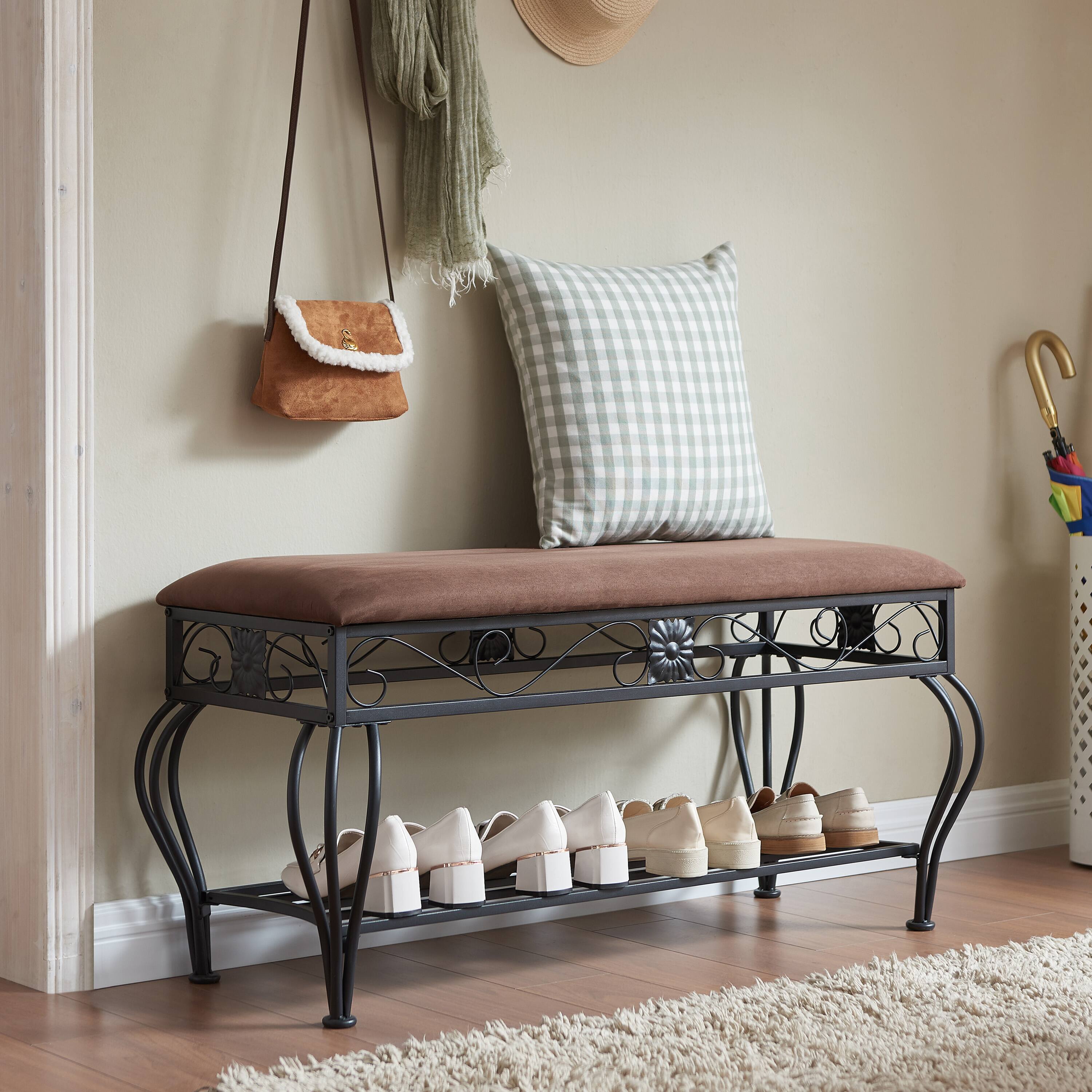 Front. Whisen - Upholstered Shoe Storage Bench with Open Shelf for Entryway and Hallway-Antique Brown - Brown.