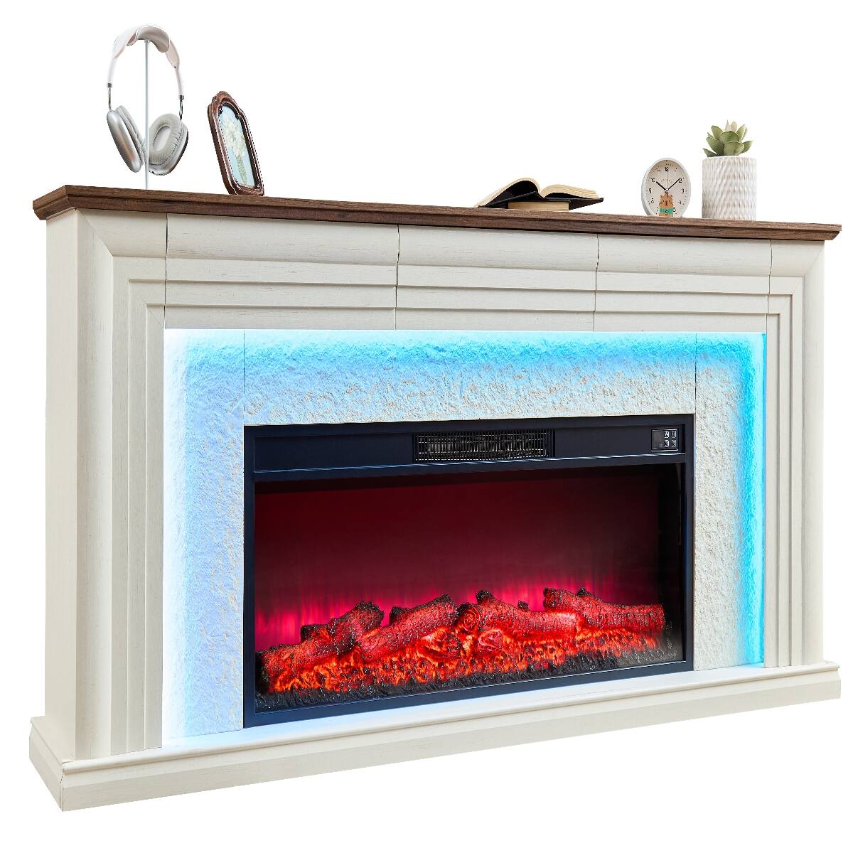 Loheer - 70 inch fireplace tv stand with 42 inch electric fireplace, Farmhouse entertainment center for 75 Inch TV - White Marble
