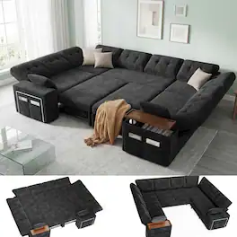 Dyonery - Modular Sectional Sleeper Sofa: Pull-Out Bed, Reclining Backrest, USB Ports, Side Table, LED Lighting,Gary - Gray