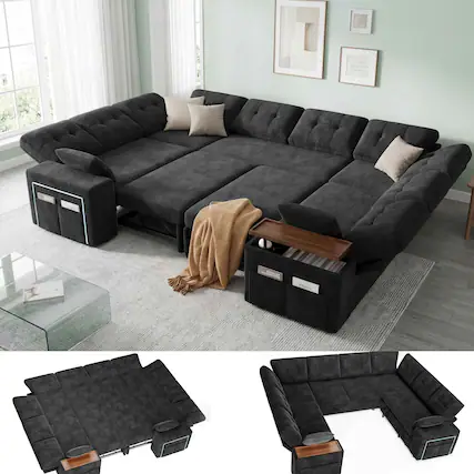 Front. Dyonery - Dyonery 8-Seat Modular Sectional Sleeper Sofa with Pull-Out Bed, Reclining Backrest, USB Ports, Table, LED Lights,Black - Black.