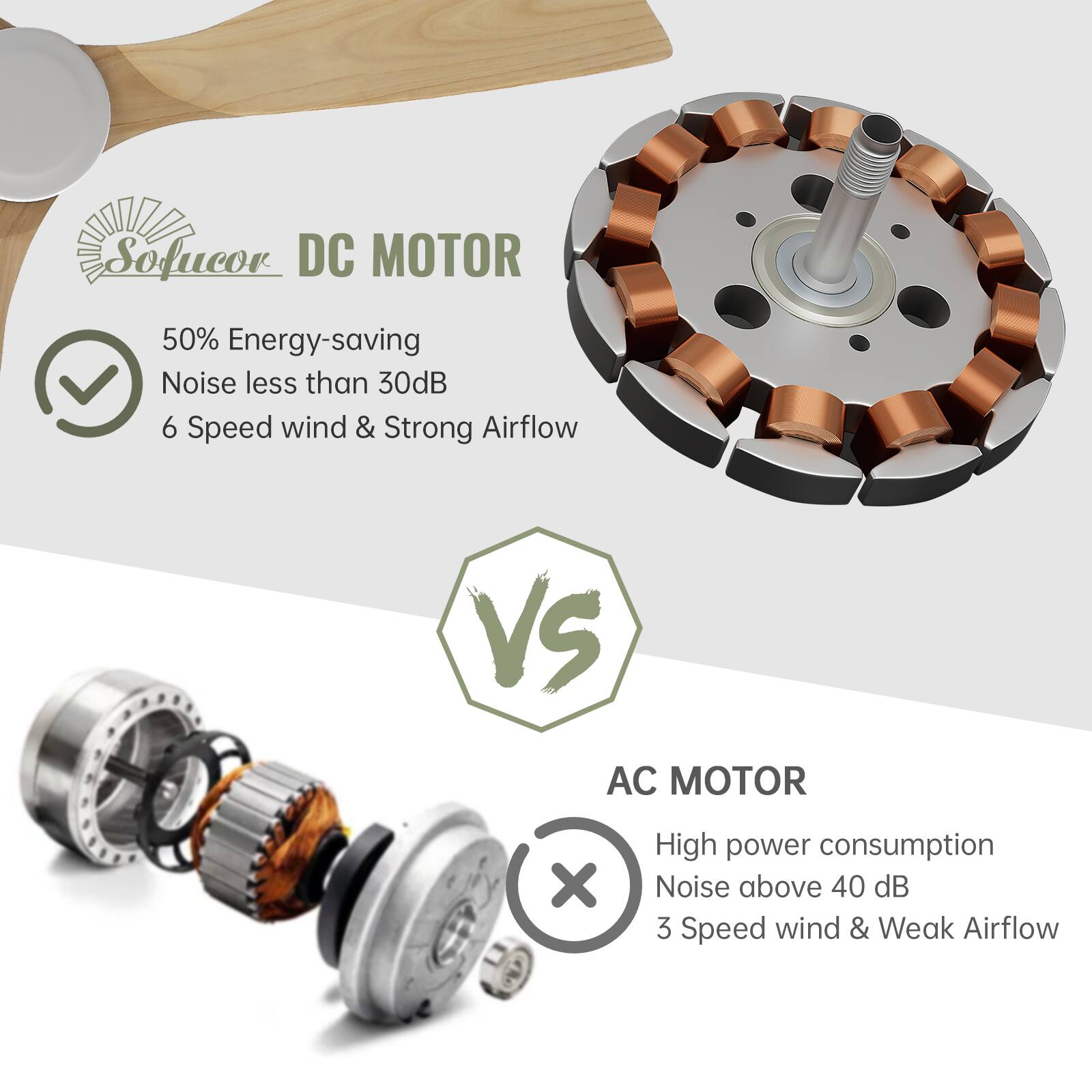 **DC MOTOR**

- 50% Energy-saving
- Noise less than 30dB
- 6 Speed wind & Strong Airflow

**VS**

**AC MOTOR**

- High power consumption
- Noise above 40 dB
- 3 Speed wind & Weak Airflow