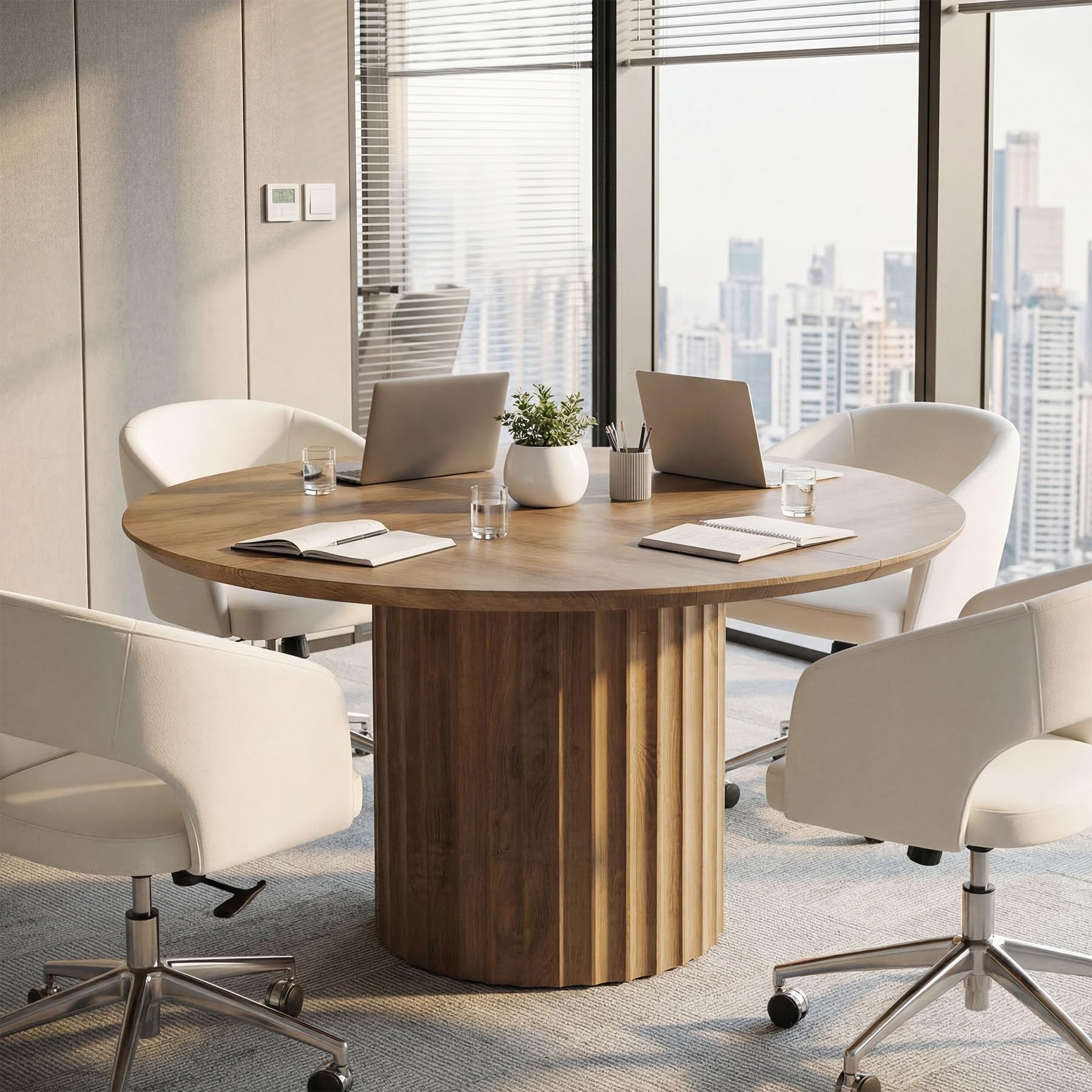 Alt View 4. Tribesigns - 47-Inch Round Conference Table for 4-6 People, Modern Rustic Round Office Table with Sturdy Base, Wood Meeting Room Use - Rustic Brown.