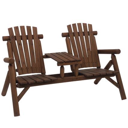 Front. Outsunny - 2-Seat Wooden Adirondack Chair, Patio Bench with Table, Outdoor Loveseat Fire Pit Chair for Porch, Backyard, Deck - Carbonized.
