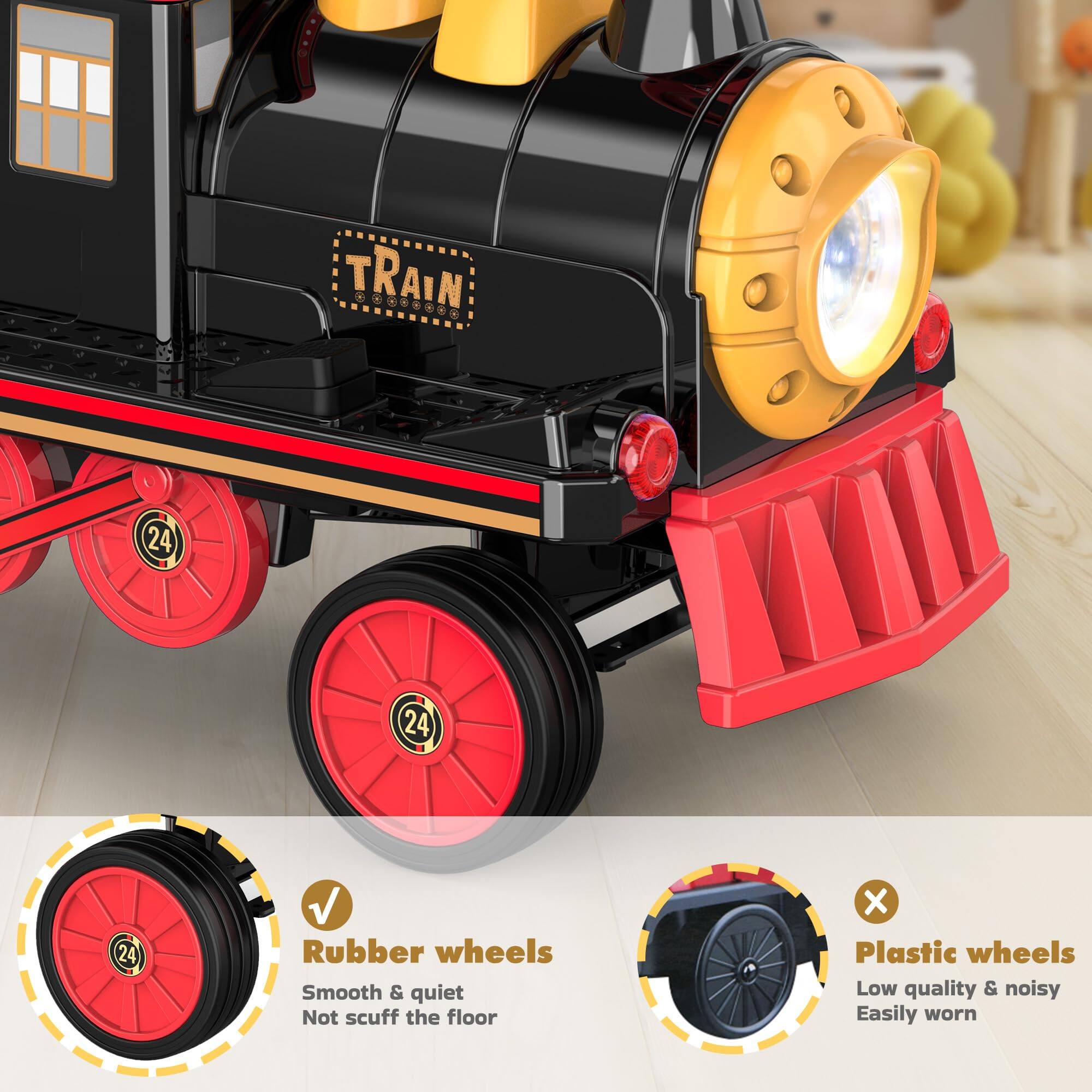 TRAIN

24
24
24

Rubber wheels
Smooth & quiet
Not scuff the floor

Plastic wheels
Low quality & noisy
Easily worn