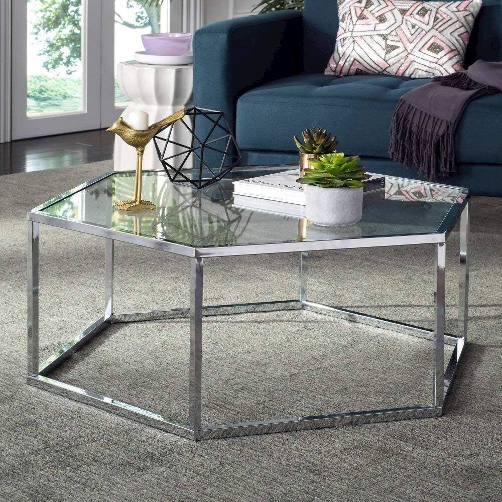 Back. Safavieh - Home Collection Eliana Chrome and Glass Hexagon Coffee Table - Silver.