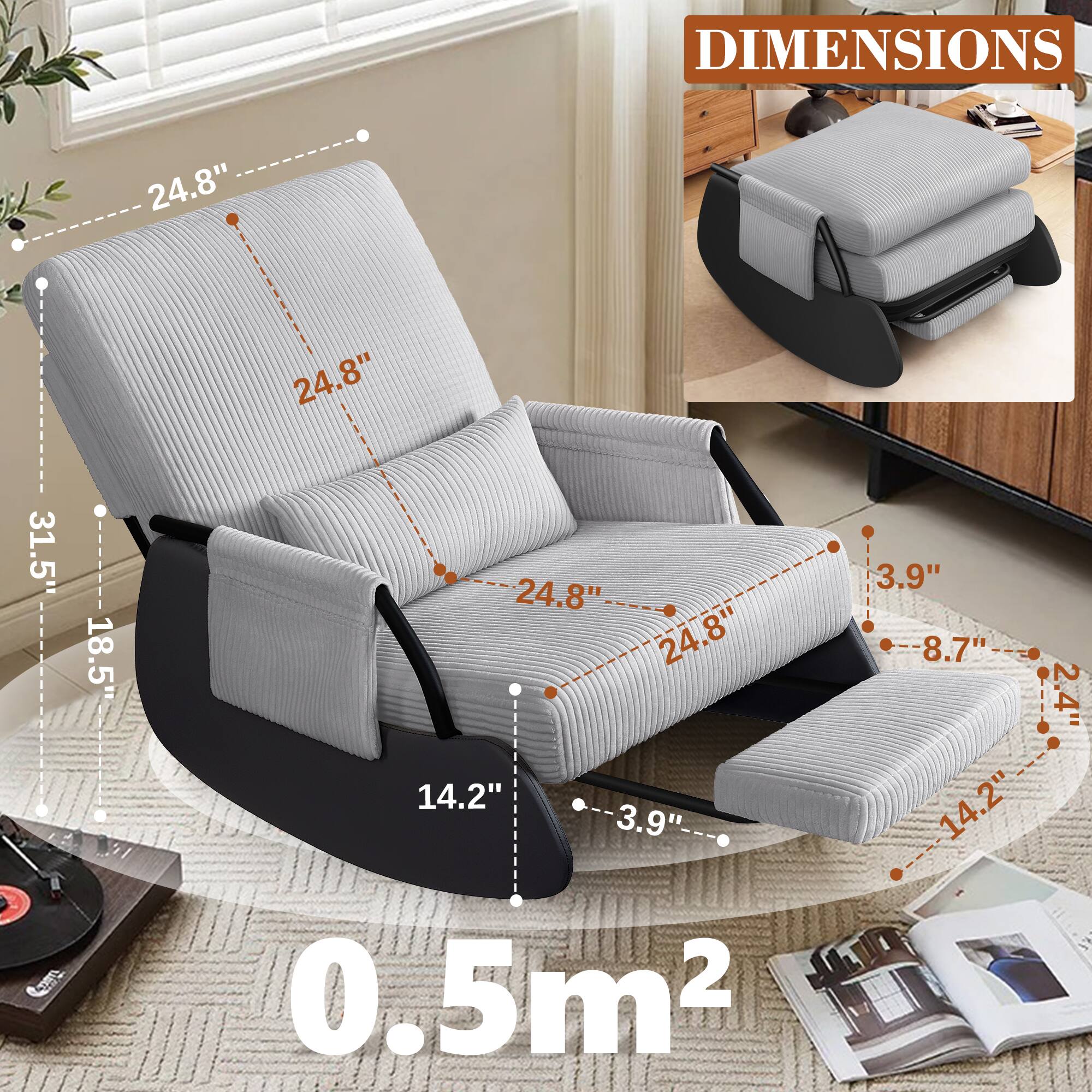 DIMENSIONS

- 24.8" (Height)
- 24.8" (Width)
- 31.5" (Depth)
- 18.5" (Seat Height)
- 3.9" (Armrest Height)
- 24.8" (Backrest Width)
- 8.7" (Armrest Width)
- 14.2" (Seat Width)
- 14.2" (Seat Depth)
- 3.9" (Armrest Depth)
- 0.5m² (Area)

2.4" (Not specified in the image)