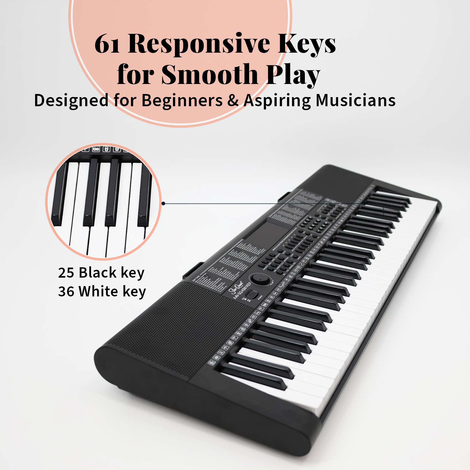 61 Responsive Keys for Smooth Play  
Designed for Beginners & Aspiring Musicians  

25 Black key  
36 White key