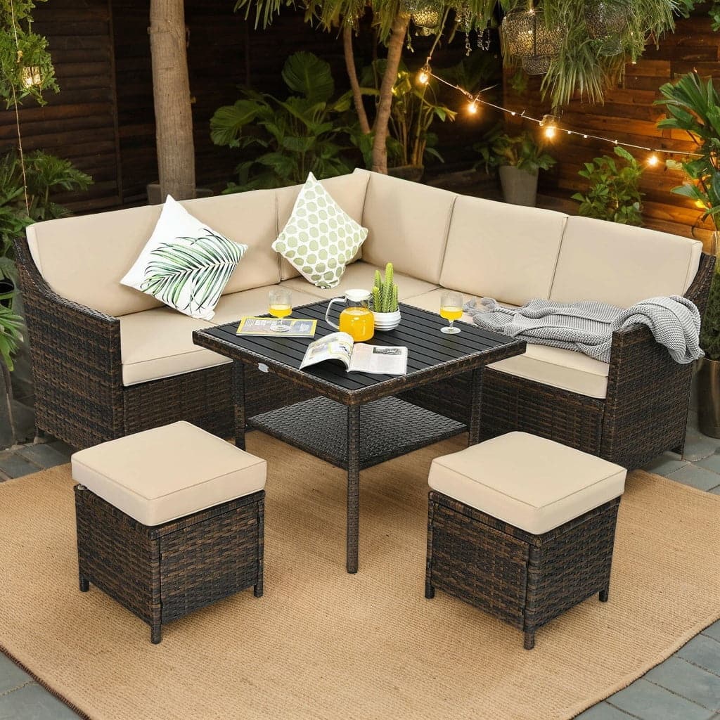 Kadyn - 6 Pieces Patio Rattan Dining Sofa Funiture Set, Patio Seating Conversation Set, Modern Patio Sofa Sectional Proof - Beige