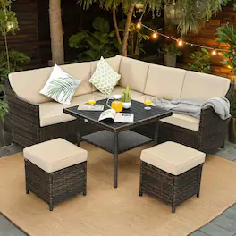 Kadyn - 6 Pieces Patio Rattan Dining Sofa Funiture Set, Patio Seating Conversation Set, Modern Patio Sofa Sectional Proof - Beige