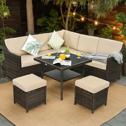 Front. Kadyn - 6 Pieces Patio Rattan Dining Sofa Funiture Set, Patio Seating Conversation Set, Modern Patio Sofa Sectional Proof - Beige.