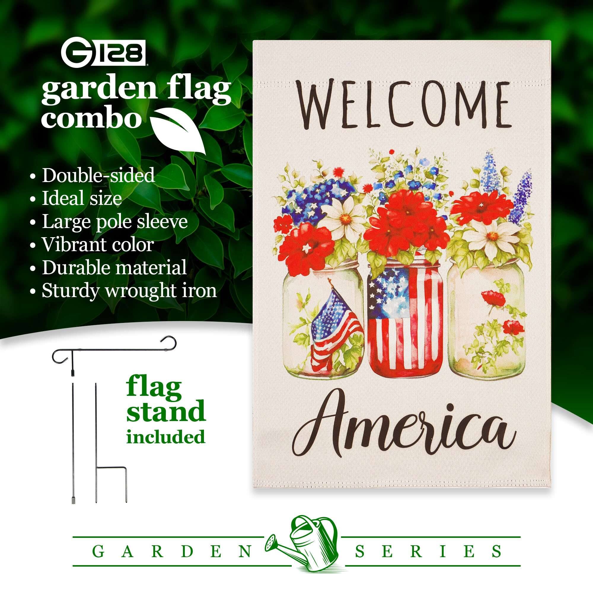 GI28 garden flag combo

- Double-sided
- Ideal size
- Large pole sleeve
- Vibrant color
- Durable material
- Sturdy wrought iron flag stand included

WELCOME  
America

GARDEN SERIES