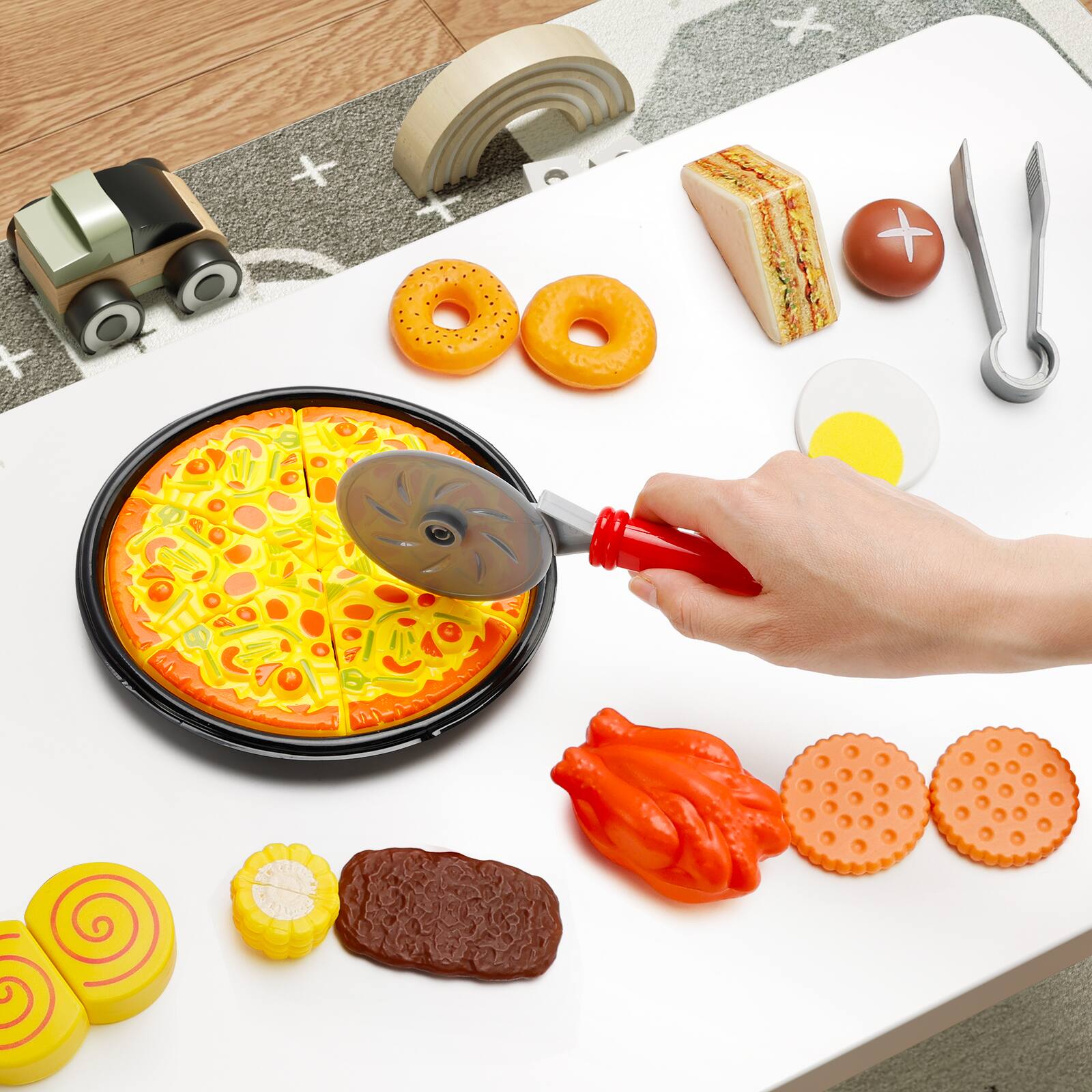 Angle. Topteng - 56-Piece Kids Pretend Food Set - Kitchen Toy with Burger, Pizza & Accessories for imaginative Play, Toy for Kid.