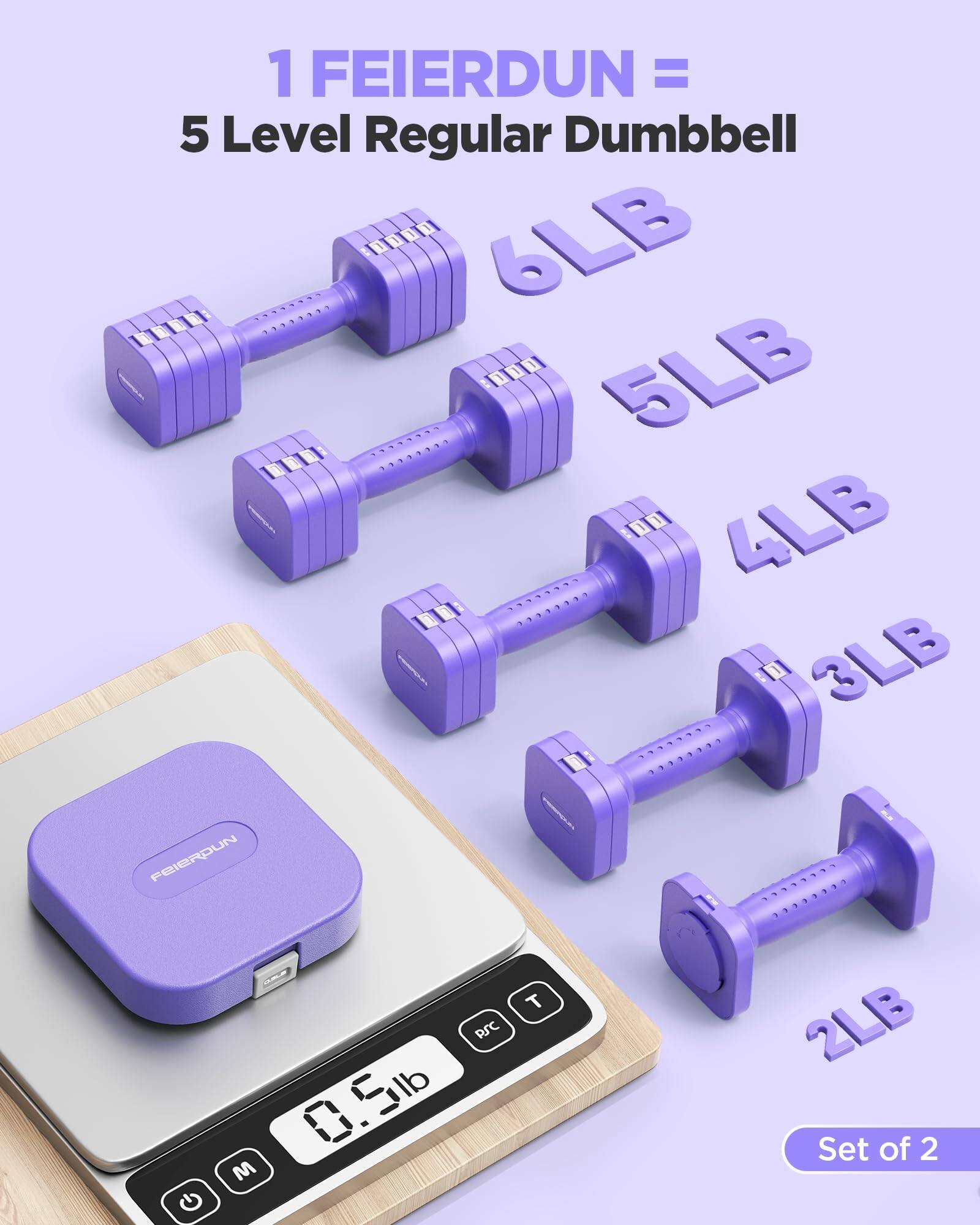 1 FEIERDUN = 5 Level Regular Dumbbell  
6LB 5LB 4LB 3LB 2LB  
FEIERDUN  
0.5lb  
Set of 2