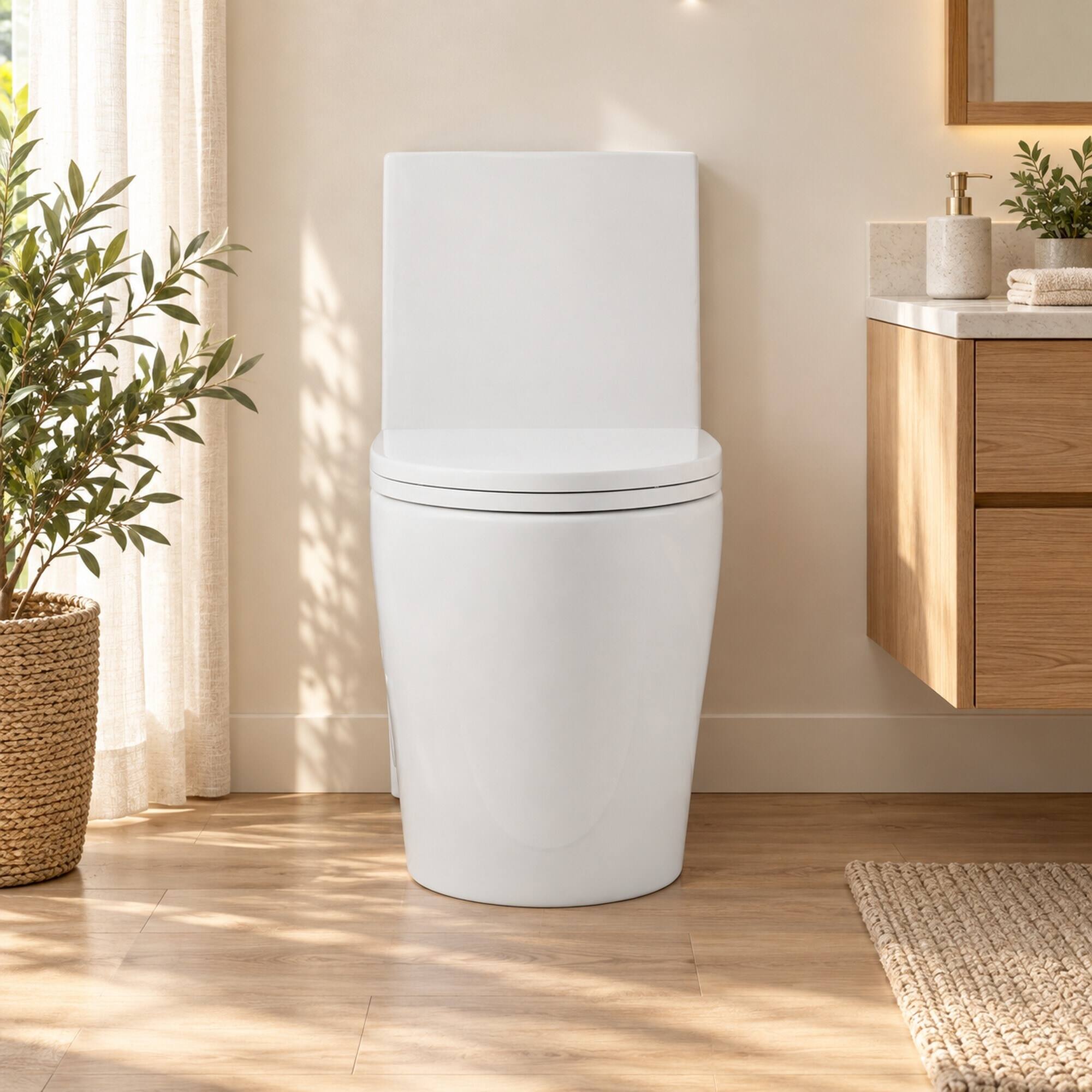 Alt View 2. RYHNUYNE - One Piece Toilet, Dual Flush Elongated Comfort Height Soft Close Seat 12 Inch Rough In 1000 Gram Flush - Gloss White.