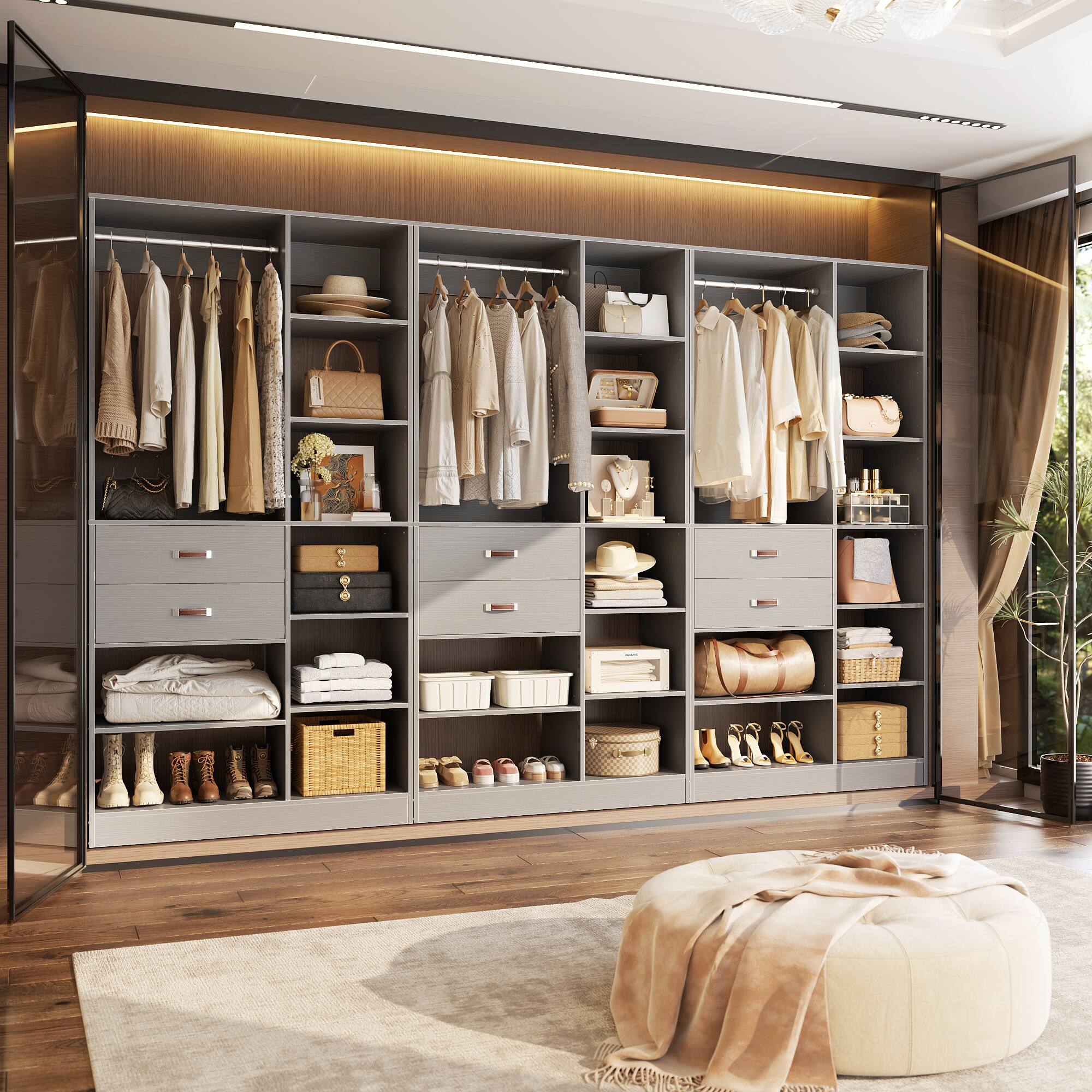 Alt View 2. Aheaplus - 120'' Wide 3-Piece Walk-in Closet Organizer, 6 Drawers, 3 Hanging Rods, 30 Open Shelves - Gray.