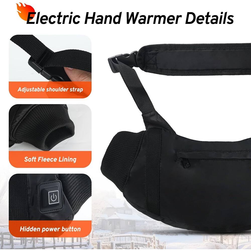 Electric Hand Warmer Details

- Adjustable shoulder strap
- Soft Fleece Lining
- Hidden power button
