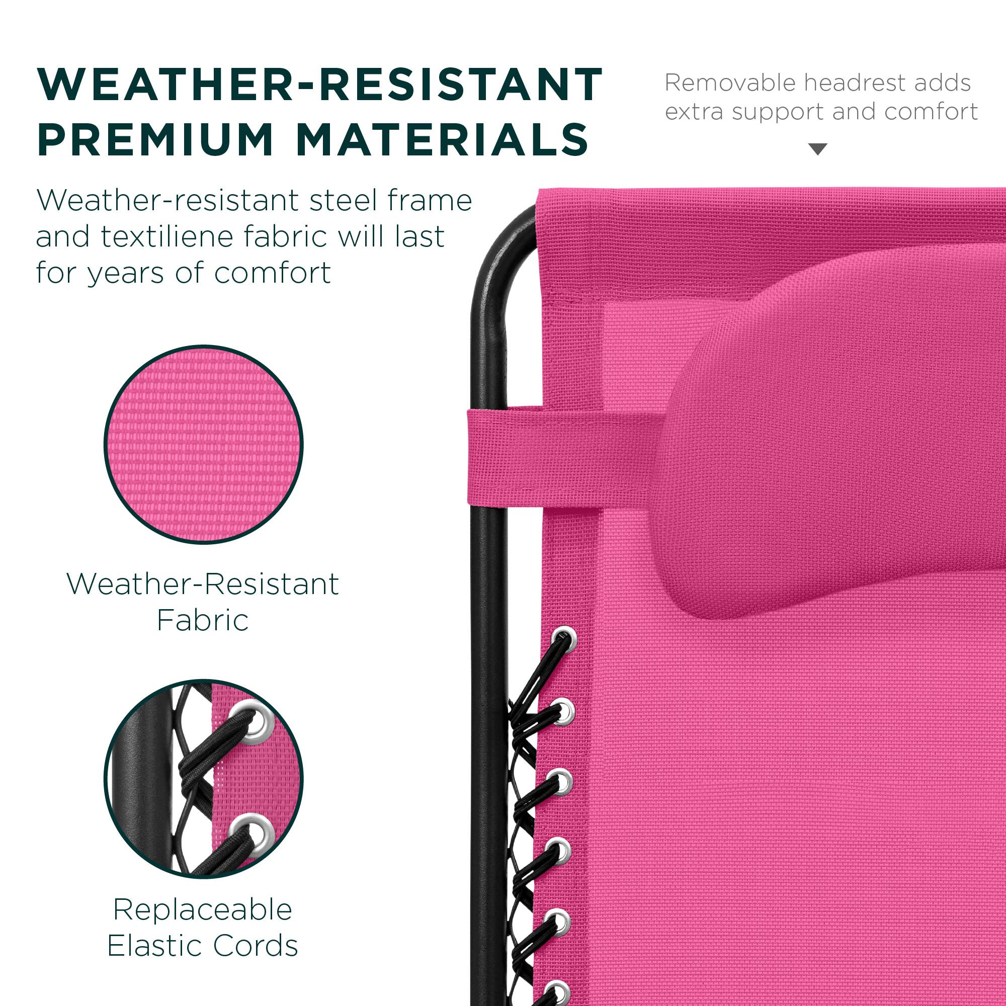 WEATHER-RESISTANT PREMIUM MATERIALS

Weather-resistant steel frame and textilene fabric will last for years of comfort

Weather-Resistant Fabric

Replaceable Elastic Cords

Removable headrest adds extra support and comfort