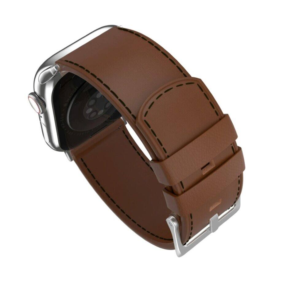 Left. MobyFox - Leather Band for Apple Watch – Genuine Leather, Stainless Steel Buckle, Fits All Series & SE - Brown.
