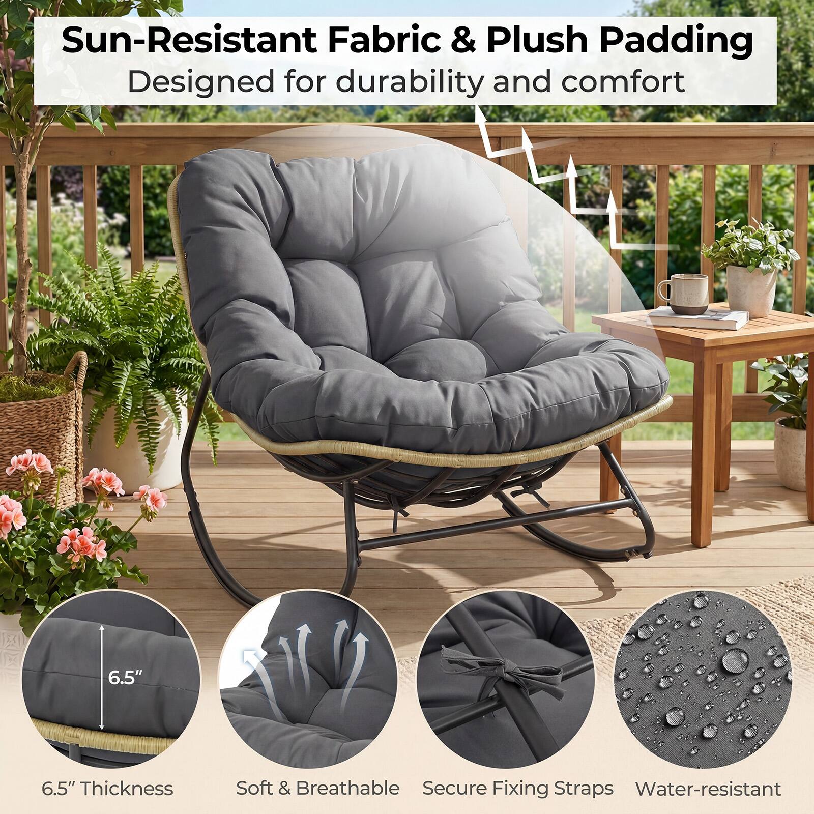 Sun-Resistant Fabric & Plush Padding  
Designed for durability and comfort  

6.5" Thickness  
Soft & Breathable  
Secure Fixing Straps  
Water-resistant