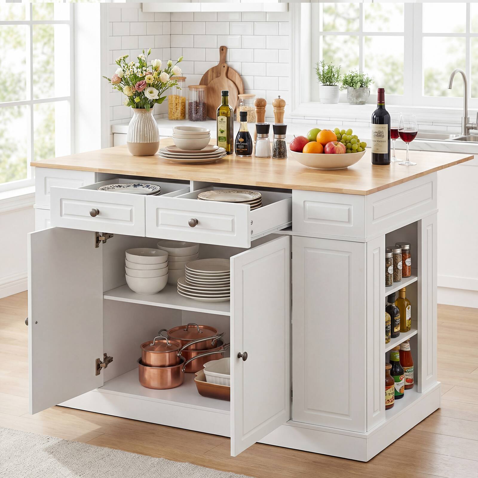 Alt View 1. Gymax - Gymax Kitchen Island Table w/ Storage Cabinet and Drop Leaf White - White.