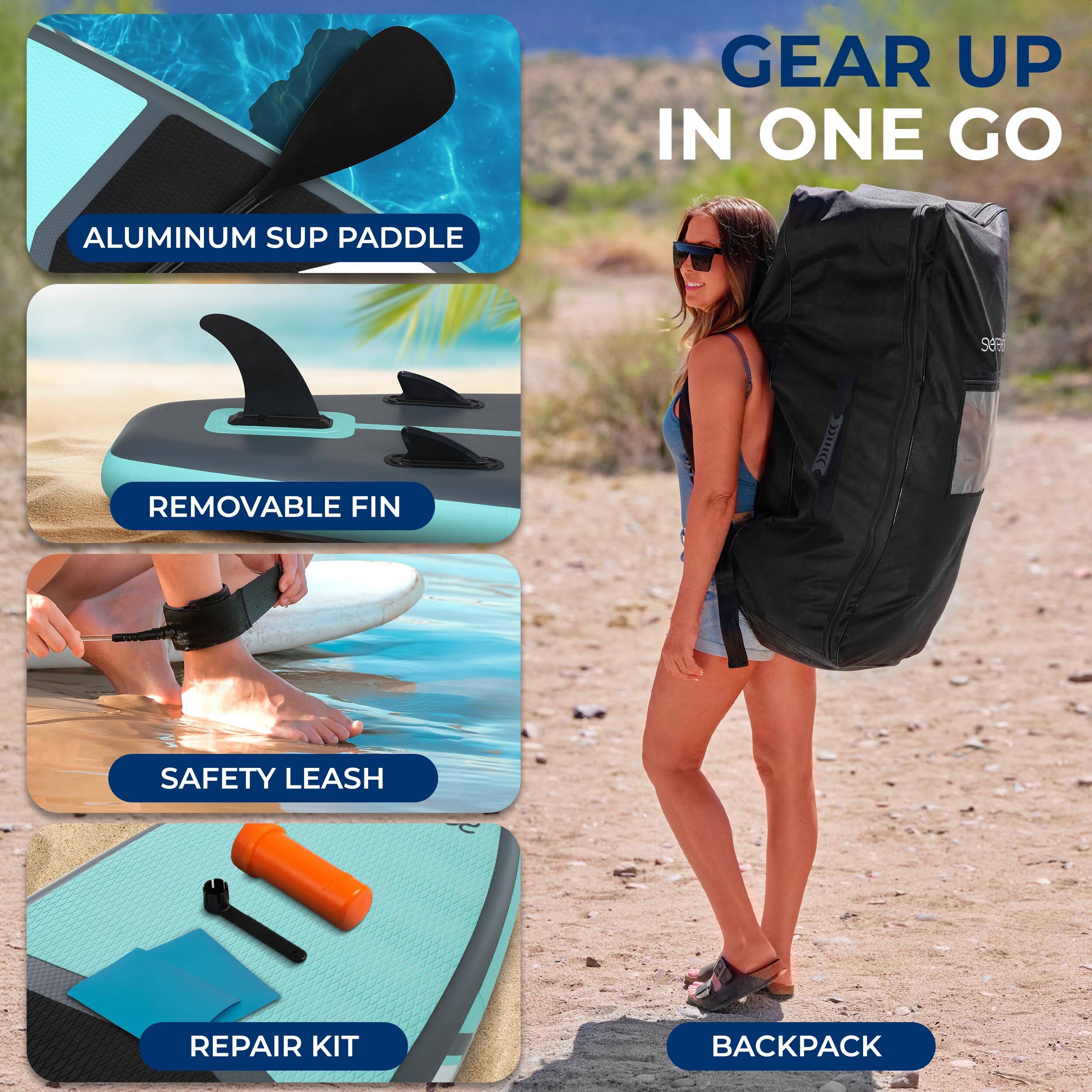 GEAR UP IN ONE GO

- ALUMINUM SUP PADDLE
- REMOVABLE FIN
- SAFETY LEASH
- REPAIR KIT
- BACKPACK
