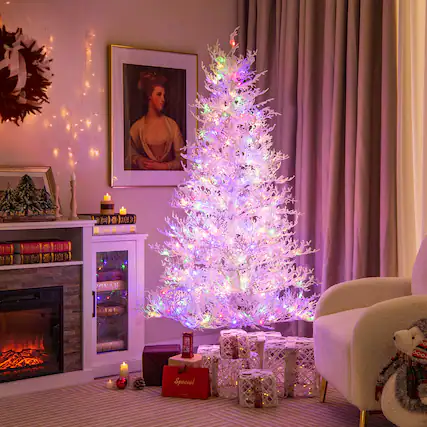 Front. Gymax - Gymax 6 FT Pre-Lit Artificial Christmas Tree White Hinged Xmas Tree w/ 383 Snow-Flocked Tips - White.