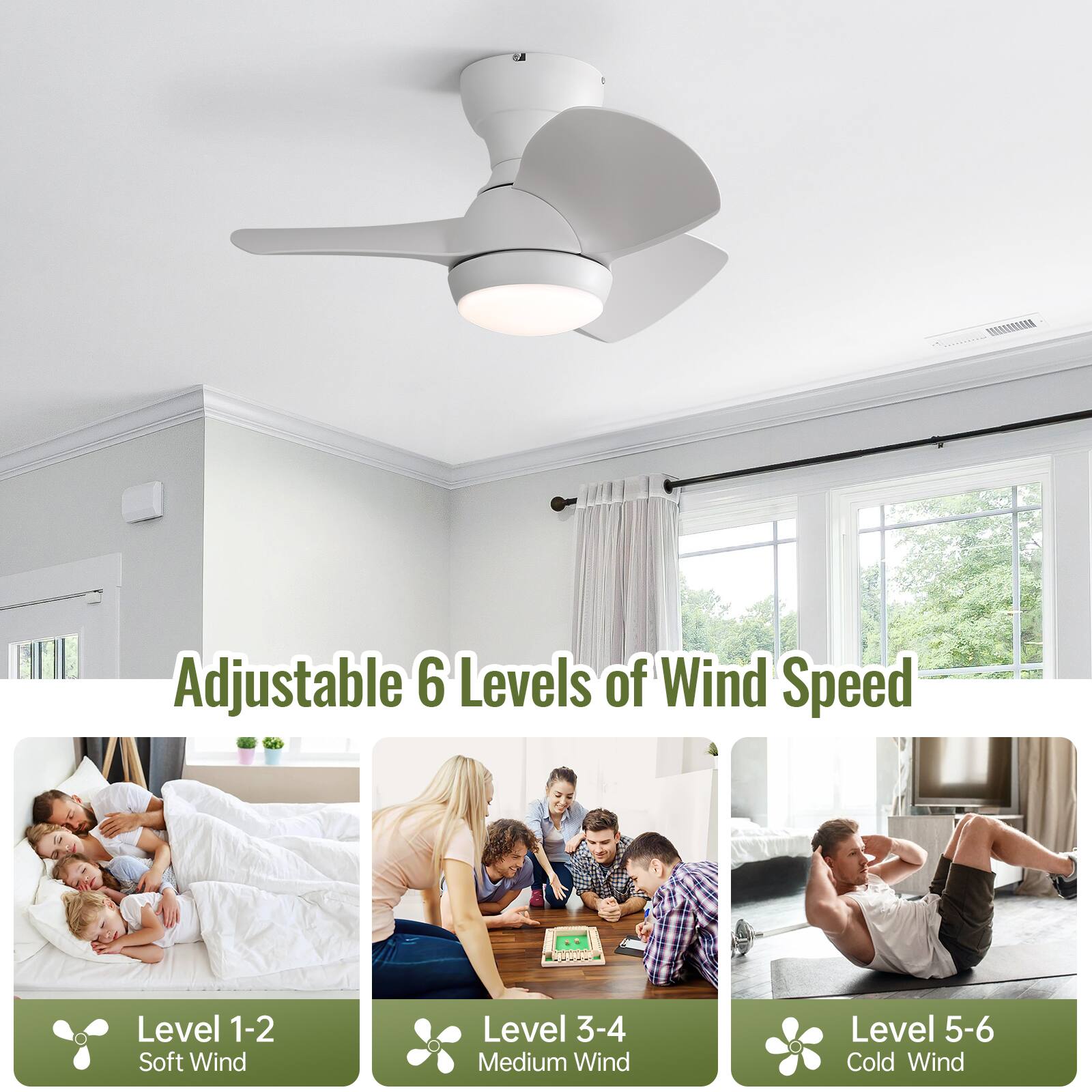 Adjustable 6 Levels of Wind Speed

Level 1-2: Soft Wind  
Level 3-4: Medium Wind  
Level 5-6: Cold Wind